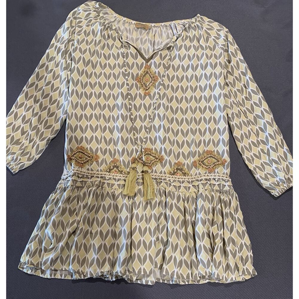 Skemo Boho Embroidered Beaded Peasant Tunic Dress Gray/Yellow M - Picture 3 of 11